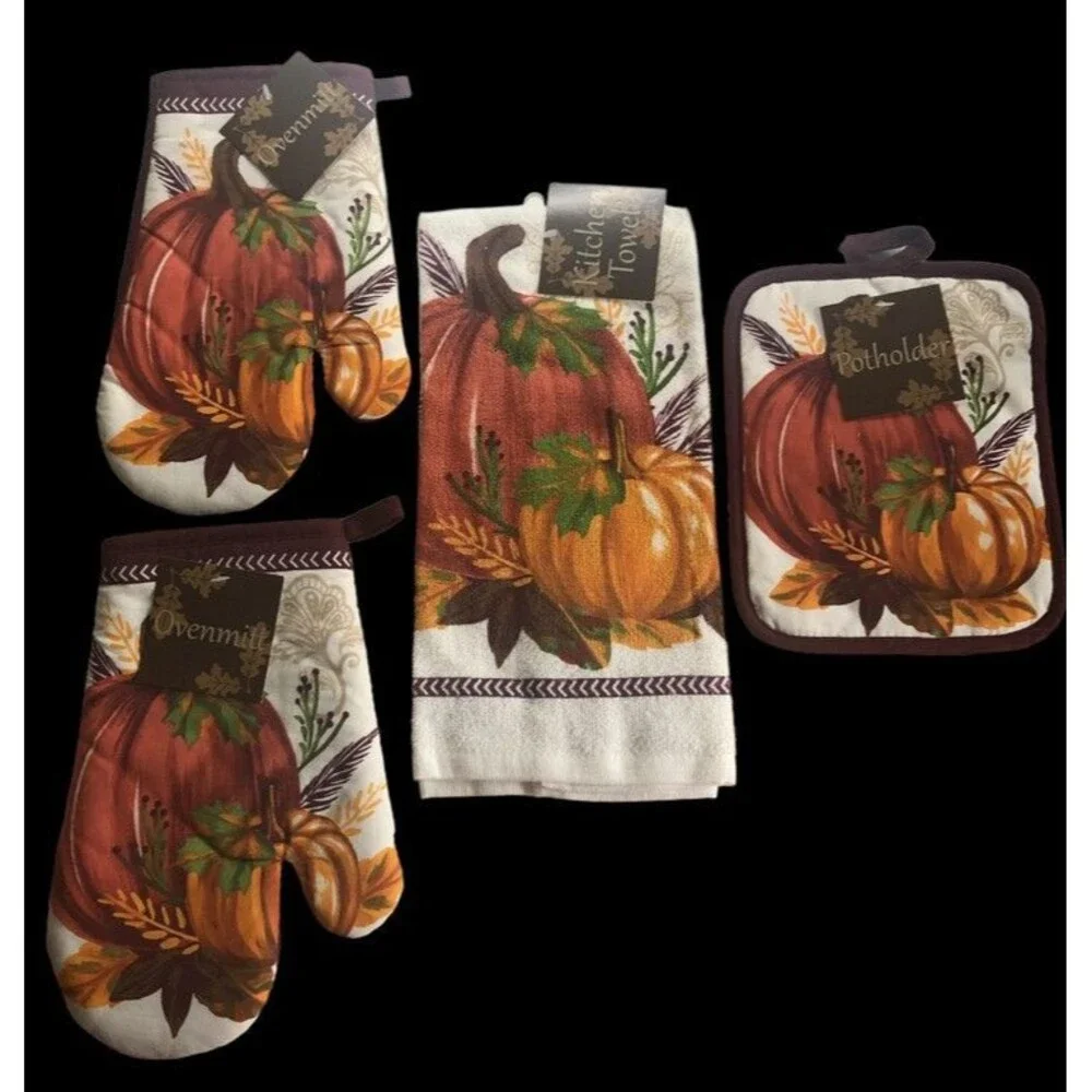 Pumpkin Kitchen Dish Towel Oven Mitts Potholder Thanksgiving Autumn Set of 4
